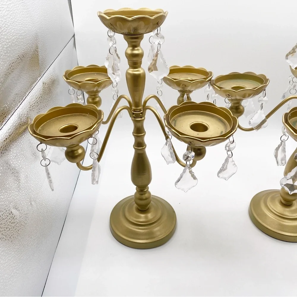 Gold Candelabra Set Candle Stand Crystal Accents Wedding Cute Fancy Elegant - Picture 2 of 10